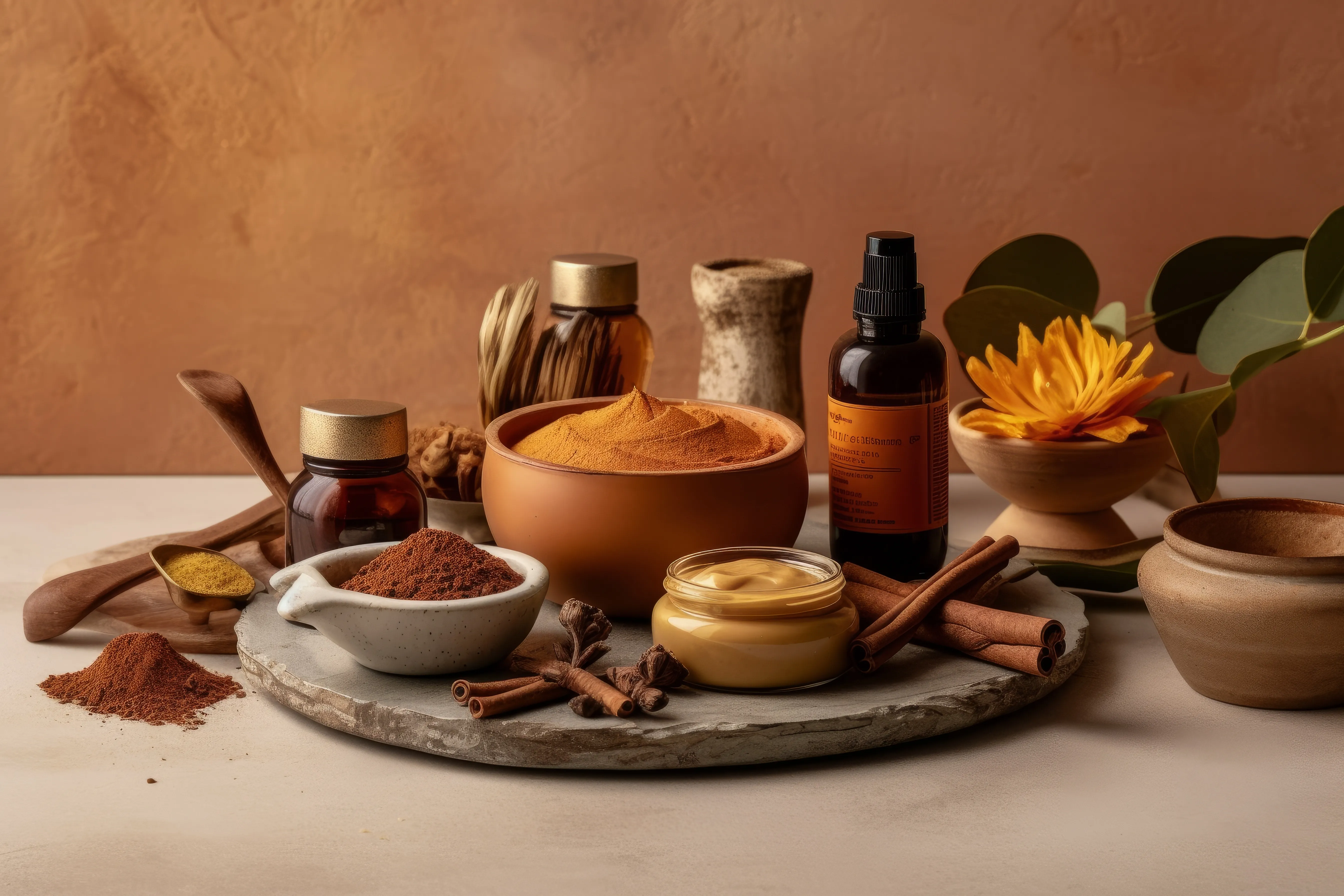 Traditional herbal mortar and authentic medicinal herbs